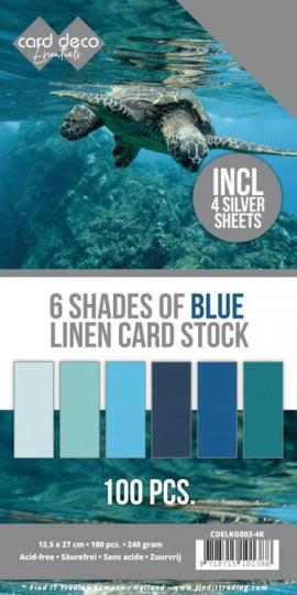 Findit Carddeco 100 Blatt Leinen-Kartenkarton 13,5 x 27cm 240g - Blautöne incl. 4 Blatt in Silber 