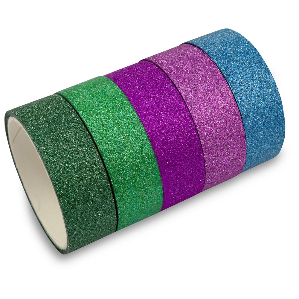 Sandras-Bastelladen, Glitter Washi-Tape Klebeband 5 Rollen je 1,5cm x 3m -  Pink, Grün, Blau